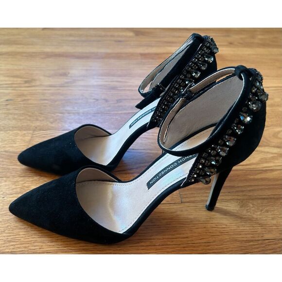 French Connection Black Suede Eleni Beaded Pointed Toe T-Strap Pumps Size 10 - Picture 3 of 10